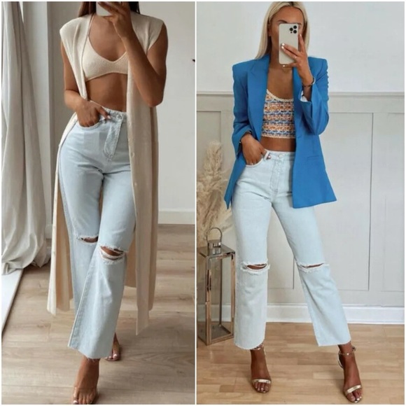 ZARA RIPPED HIGH WAIST STRAIGHT LEG JEANS Light Blue 40 / US 8 - Picture 2 of 15